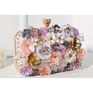 Womens Blush Pink Floral Clutch Purse Rhinestone Kiss Lock Chain Strap handmade
